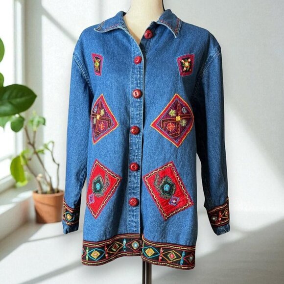 Life Style Y2K Embroidered Patchwork Denim Jean Button Down Shacket Jacket Shirt - Picture 9 of 10